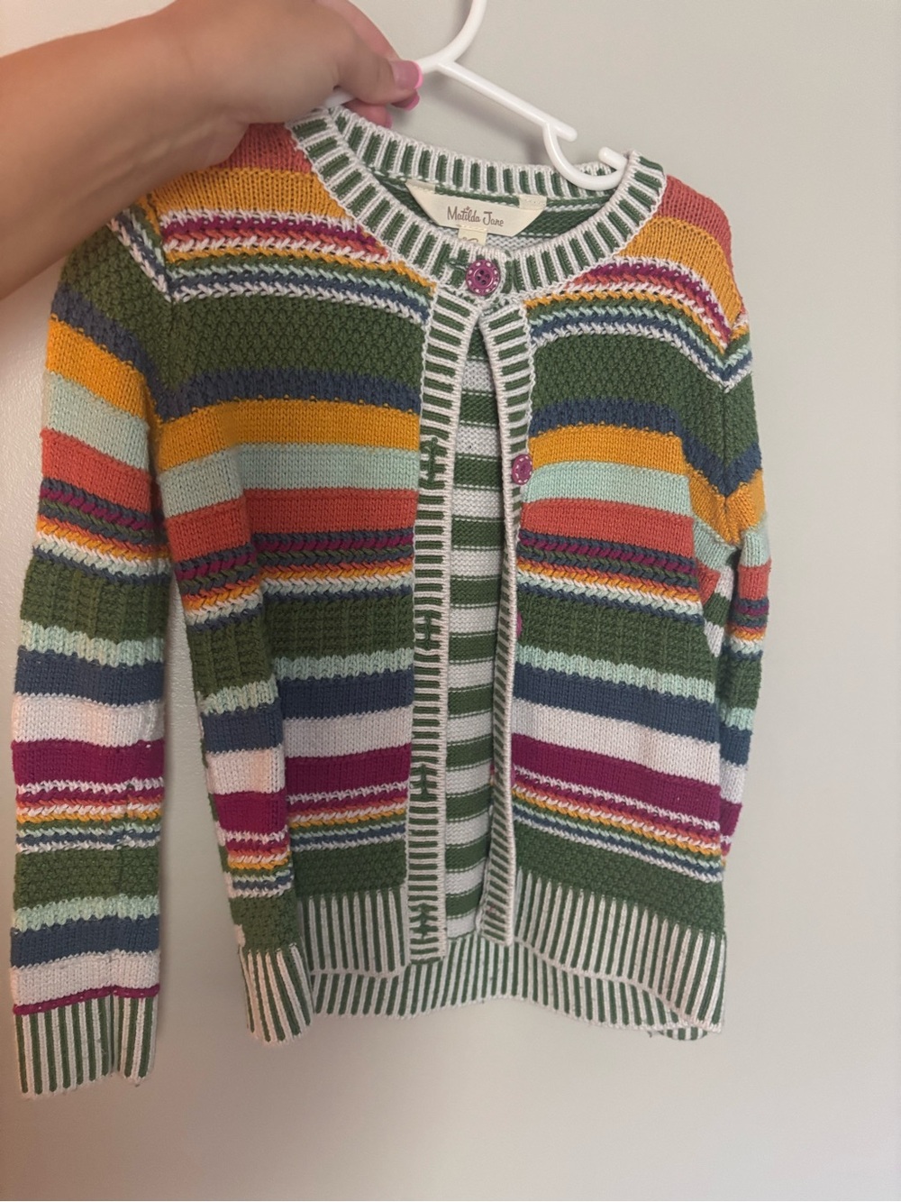 Matilda Jane Multicolor Striped Knit Cardigan with Green Trim